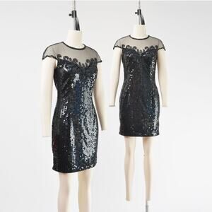 Vintage 90s Black Sequin Sheer Mesh Beaded Stretchy Bodycon Party Mini Dress S